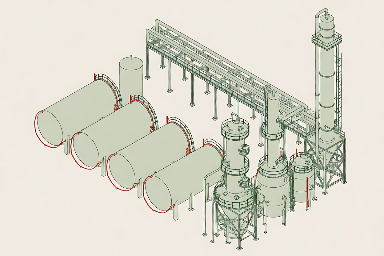Изометрия промплощадки с факельной трубой и шлейфом газа