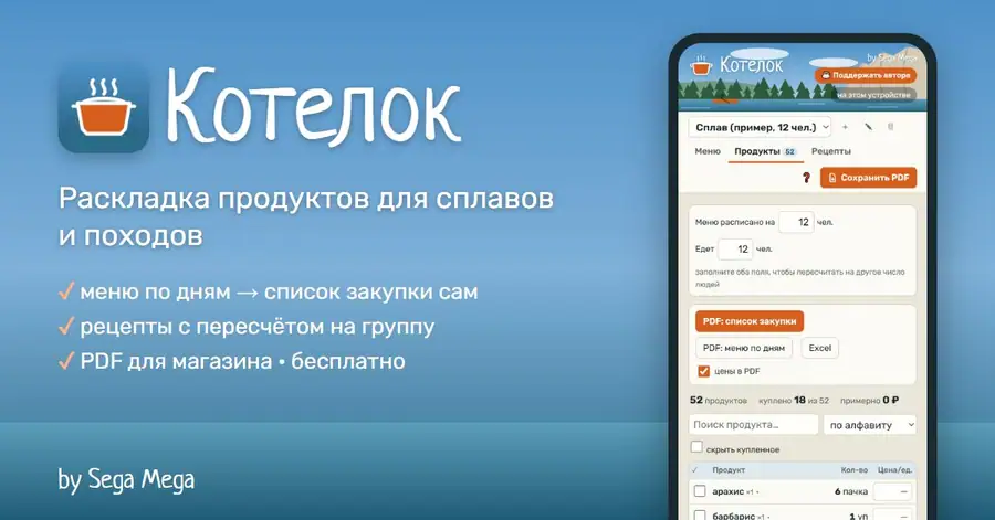 Приложение «Котелок» для составления походной раскладки продуктов
